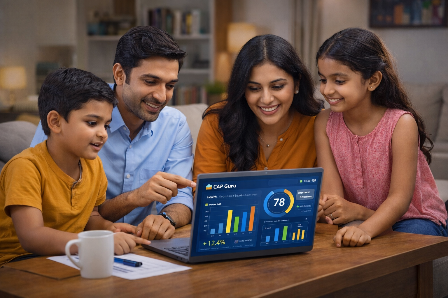 Indian family using laptop with financial dashboard