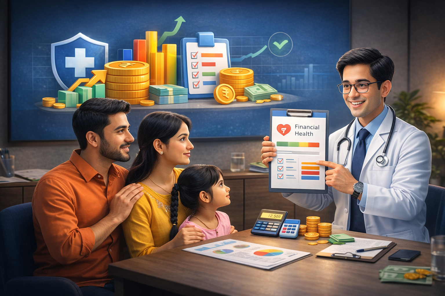 Financial doctor advising Indian family