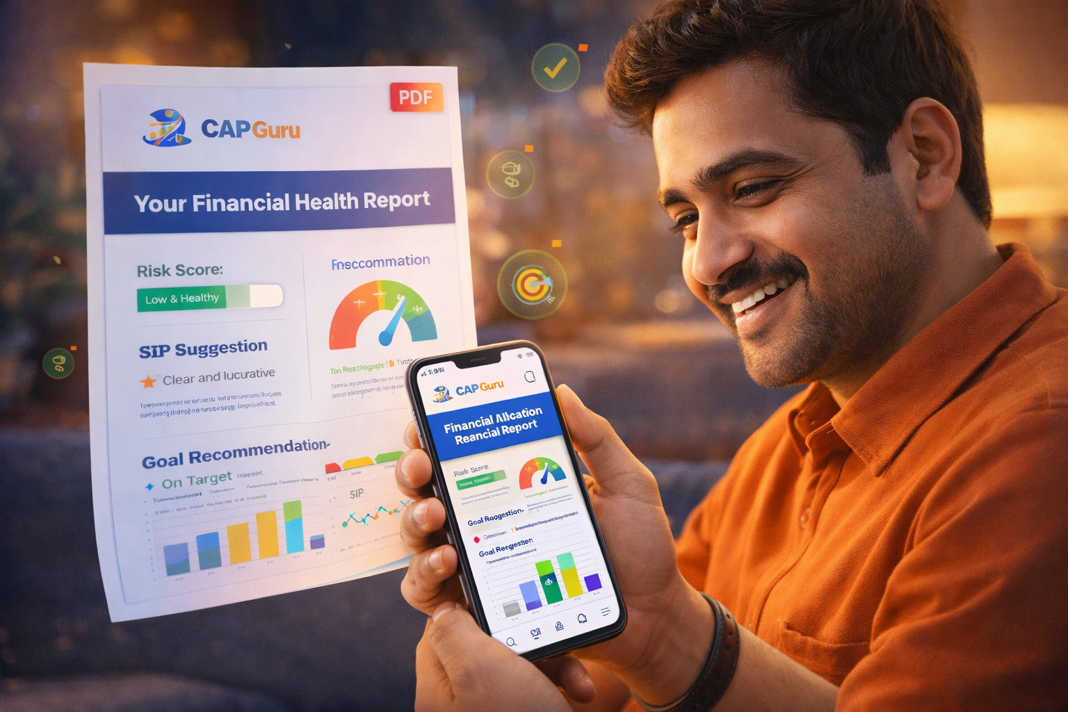 Mobile and PDF financial report with happy user