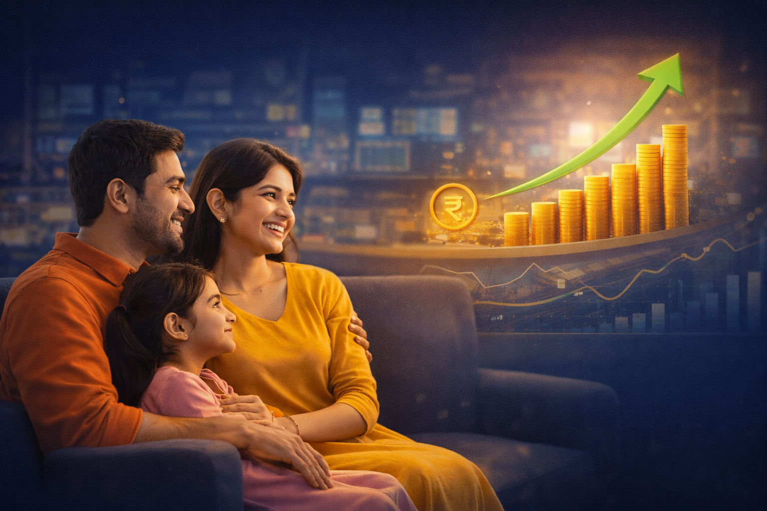 Happy Indian family with financial growth graph