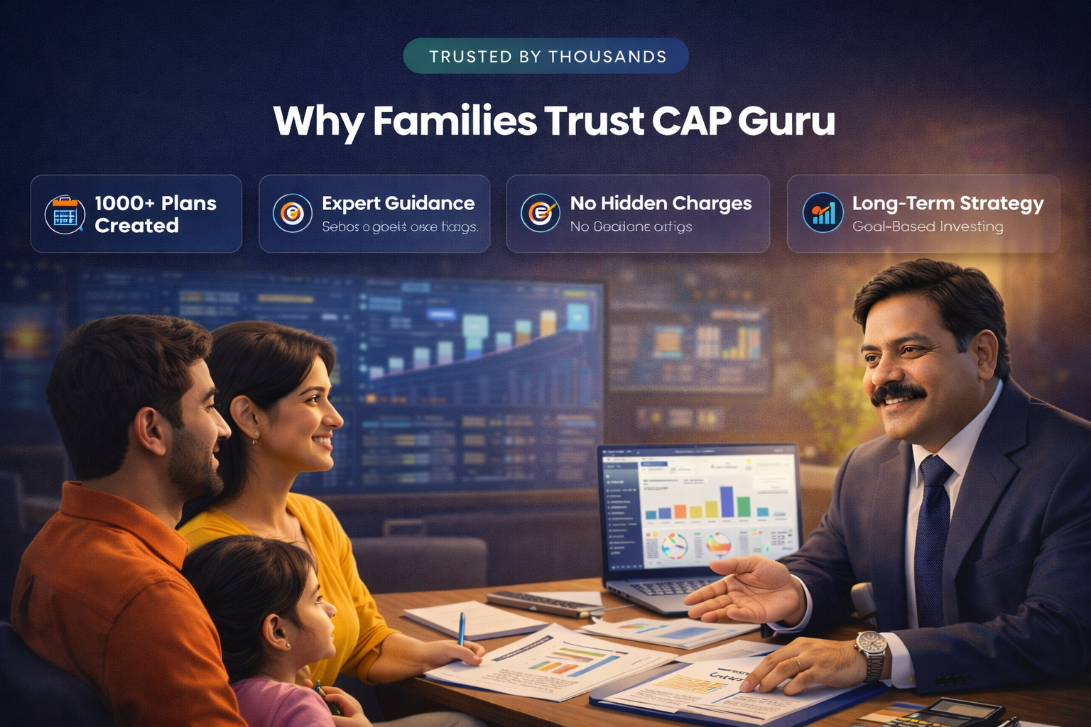 Financial advisor consulting Indian family with dashboard